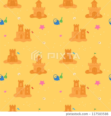 Sand castles seamless pattern. Repeated beach elements. Kids buildings with towers and flags. Summer sea holidays. Children game print. Toy bucket and shovel. Garish vector background 117583586
