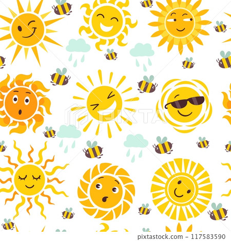 Sun icons seamless pattern. Summer time elements. Cute characters. Good morning sunlight. Happy bees. Clouds with rain. Repeated kids print. Sunshine rays. Splendid vector background 117583590