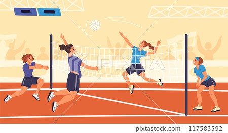 Volleyball tournament. Female sports team at competition. Women serving and hitting ball through net. Professional championship. Volleyballers play at stadium. Garish vector concept 117583592