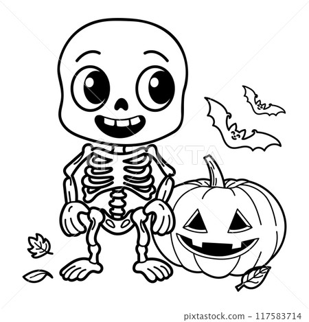 Hand drawn vector illustration features a happy skeleton with a jack-o'-lantern pumpkin, perfect for Halloween designs  117583714