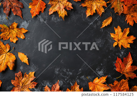 Colorful autumn leaves surround a dark background for creative use 117584125