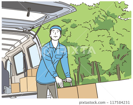 一名身穿工作服的男子在車前的手推車上提著一個紙箱 117584231