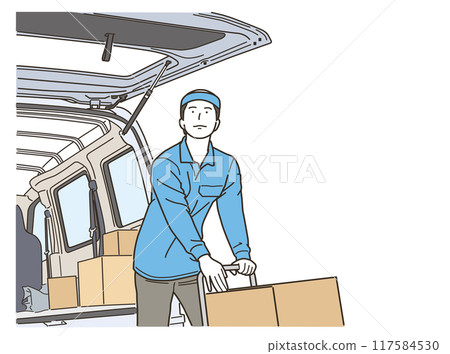 一名身穿工作服的男子在車前的手推車上提著一個紙箱 117584530