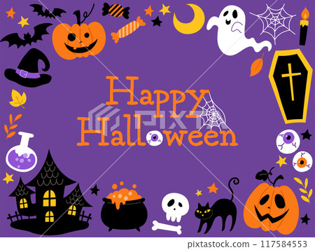 手繪萬聖節盒子框架紫色背景_帶文字_向量插圖 117584553
