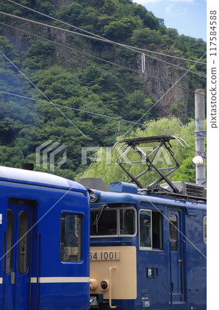 EL Gunma Yokokawa, pulled by EF64-1001, parked under the watchful eye of the towering Mt. Myogi, photographed on August 17, 2024 117584588