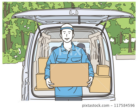 A man in work clothes holding a cardboard box in front of a car 117584596