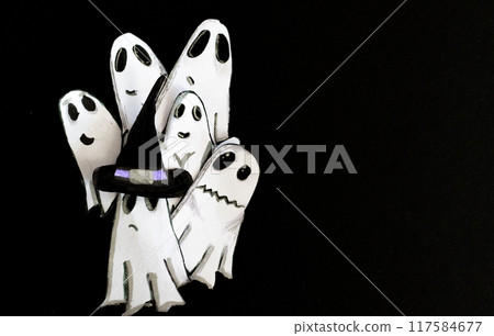 Group of little ghosts scaring, one wearing a witch's hat. Horizontal photo.. Group of little ghosts scaring, one wearing a witch's hat. Horizontal photo.. 117584677