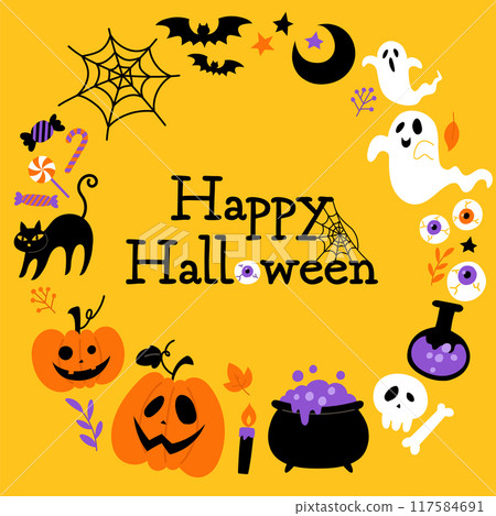 Hand-drawn Halloween round frame on yellow background_with text_vector illustration Hand-drawn Halloween round frame on yellow background_with text_vector illustration 117584691