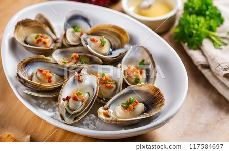 Cherrystone Clams Casino, A delectable seafood dish with baked clams, crispy bacon and breadcrumbs, capturing the savory essence of the ocean in every bite. AI Generated Cherrystone Clams Casino, A delectable seafood dish with baked clams, crispy bacon and breadcrumbs, capturing the savory essence of the ocean in every bite. AI Generated 117584697