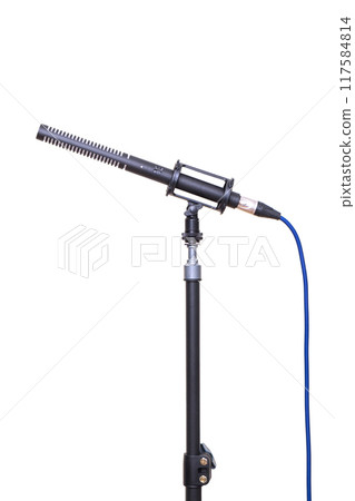 A professional-grade shotgun microphone on a isolated white background, a high-quality audio recording device. A professional-grade shotgun microphone on a isolated white background, a high-quality audio recording device. 117584814