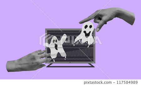Halloween halftone collage set hands. Cut paper. Hand gestures. Ghost comes out of TV. Effect cut paper from newspaper. Modern design banner poster festive party advertising materials. Vector. Halloween halftone collage set hands. Cut paper. Hand gestures. Ghost comes out of TV. Effect cut paper from newspaper. Modern design banner poster festive party advertising materials. Vector. 117584989