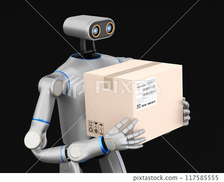 Image of a humanoid AI robot carrying luggage on a black background. Concept of resolving labor shortage Image of a humanoid AI robot carrying luggage on a black background. Concept of resolving labor shortage 117585555