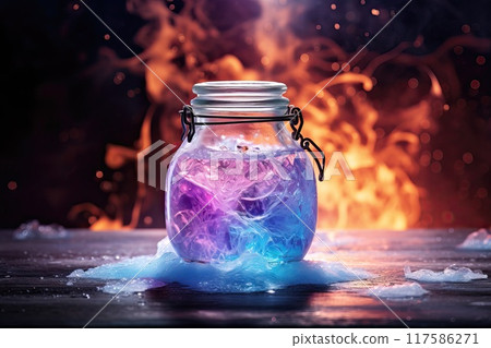 Jar of magical healing / mana potion in a glass jar on a dark background 117586271
