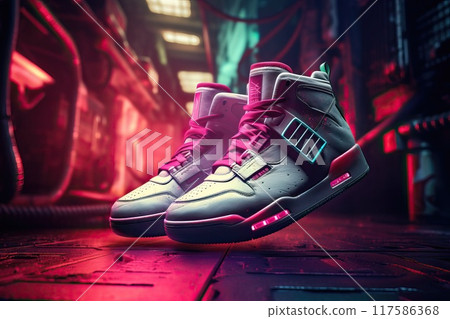 Cool sneakers in neon-cyberpunk style against the background of the city Cool sneakers in neon-cyberpunk style against the background of the city 117586368