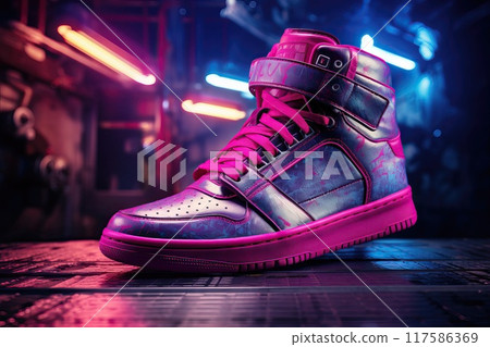 Cool sneakers in neon-cyberpunk style against the background of the city 117586369