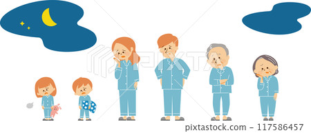 Cute illustration of a three-generation family wearing pajamas 117586457