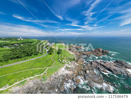 Aerial photography of the area around Tanesashi Coast and Nakasuka Coast in Aomori Prefecture, Hachinohe City, using a drone 117586479