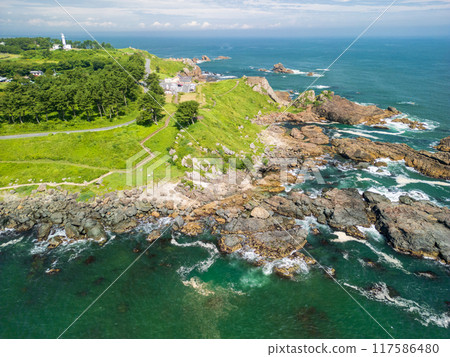 Aerial photography of the area around Tanesashi Coast and Nakasuka Coast in Aomori Prefecture, Hachinohe City, using a drone 117586480
