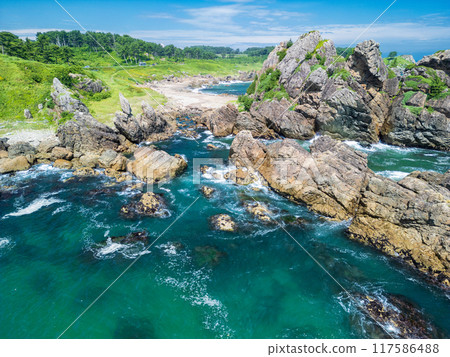 Aerial photography of the area around Tanesashi Coast and Nakasuka Coast in Aomori Prefecture, Hachinohe City, using a drone 117586488