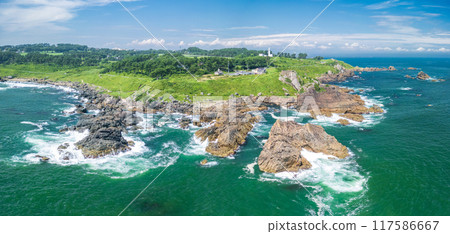 Aerial photography of the area around Tanesashi Coast and Nakasuka Coast in Aomori Prefecture, Hachinohe City, using a drone 117586667