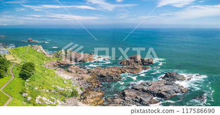 Aerial photography of the area around Tanesashi Coast and Nakasuka Coast in Aomori Prefecture, Hachinohe City, using a drone 117586690
