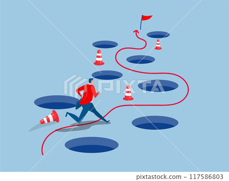 Avoid pitfall Planning and obstacle avoidance concept, business failure, skill and creativity to solve problem with many pitfalls to achieve business success vector 117586803