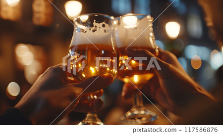 Oktoberfest background. Close up of hands raising 2 wine glasses of beer to cheers on the bokeh party at night background. AI generated. 117586876
