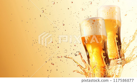 Oktoberfest background. Mockup of 2 pints of beer with foam and beer splashing on gradient gold background with copy space for text. AI generated. 117586877