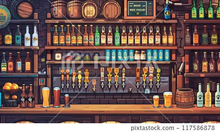 Oktoberfest background. Front view of a counter bar in old-school graphic art style. AI generated. 117586878