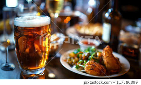 Oktoberfest background. Close up of a wooden table full of traditional foods and beers in a restaurant. AI generated. 117586899