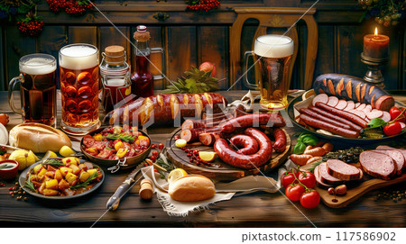 Oktoberfest background. Close up of a wooden table full of German traditional foods, sausages and beers with decorations. AI generated. 117586902