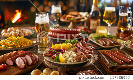Oktoberfest background. Close up of a wooden table full of German traditional foods, sausages and beers with decorations. AI generated. 117586903