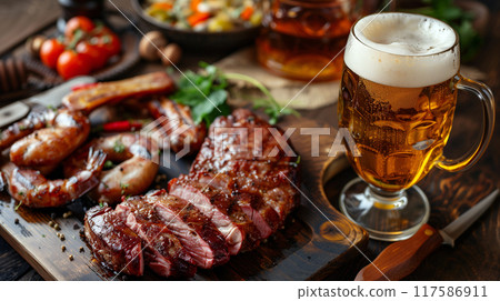Oktoberfest background. Close up of a wooden table full of steaks and beers. AI generated. 117586911