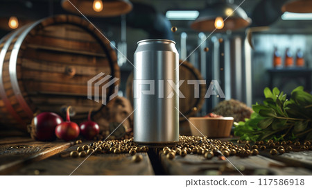 Oktoberfest background. Mockup of an aluminum can, no label on a wooden desk with brewing ingredients and an oak barrel. AI generated. 117586918