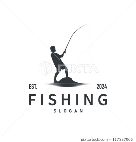 Fishing logo design silhouette of river angler with hook illustration template 117587066
