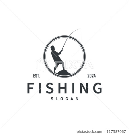 Fishing logo design silhouette of river angler with hook illustration template 117587067