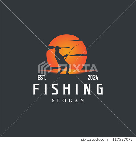 Fishing logo design silhouette of river angler with hook illustration template 117587073