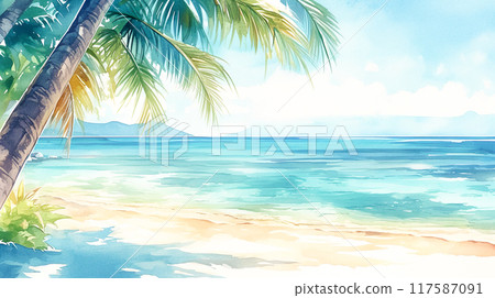 美麗的沙灘，有棕櫚樹和海洋水彩插圖背景 117587091