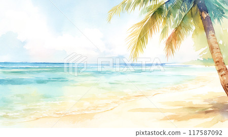 美麗的沙灘，有棕櫚樹和海洋水彩插圖背景 117587092
