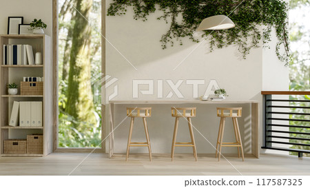 A front view image of a long wooden table with stools against a wall adorned with hanging plants. A front view image of a long wooden table with stools against a wall adorned with hanging plants. 117587325