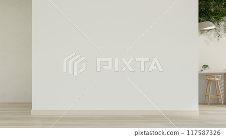 A contemporary, minimalist indoor hallway features an empty white wall and a parquet floor. 117587326