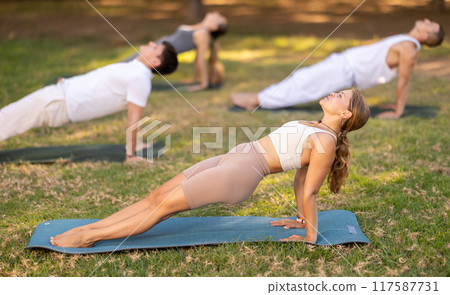 Girl holding Upward Plank Pose during group yoga in park Girl holding Upward Plank Pose during group yoga in park 117587731