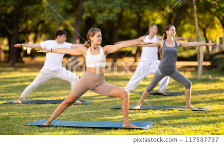 Girl performing Warrior pose during group yoga session in park 117587737