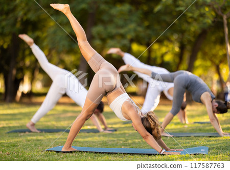Yoga lesson visitors with coach perform Adho Mukha Svanasana in park Yoga lesson visitors with coach perform Adho Mukha Svanasana in park 117587763