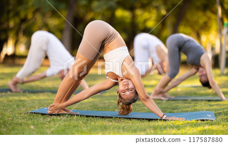 Girl doing Revolved Downward Dog Pose at group yoga in park Girl doing Revolved Downward Dog Pose at group yoga in park 117587880
