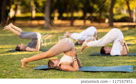 Yoga lesson visitors with coach perform plow pose in park 117587951