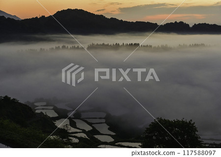 Spring morning view of Hoshi Pass shrouded in mist Spring morning view of Hoshi Pass shrouded in mist 117588097