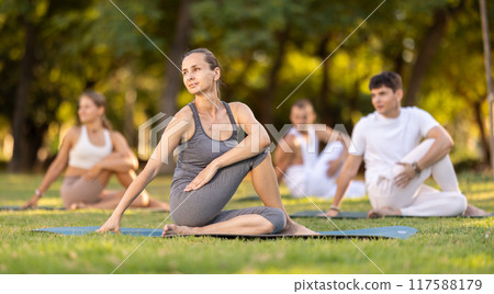 Yoga lesson visitors with coach perform Matsyendrasana in park Yoga lesson visitors with coach perform Matsyendrasana in park 117588179