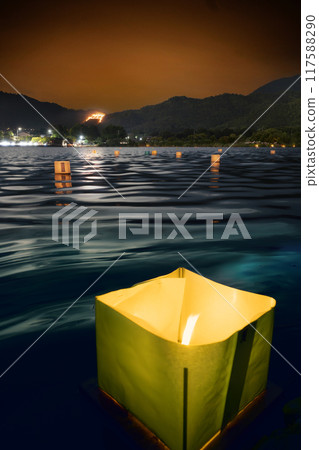 Gozan no Okuribi (fire festival at the five mountains) Torii-shaped floating lanterns 117588290