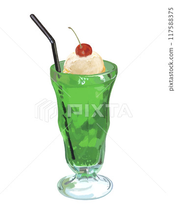 Cream soda (melon) with cherry and straw 117588375